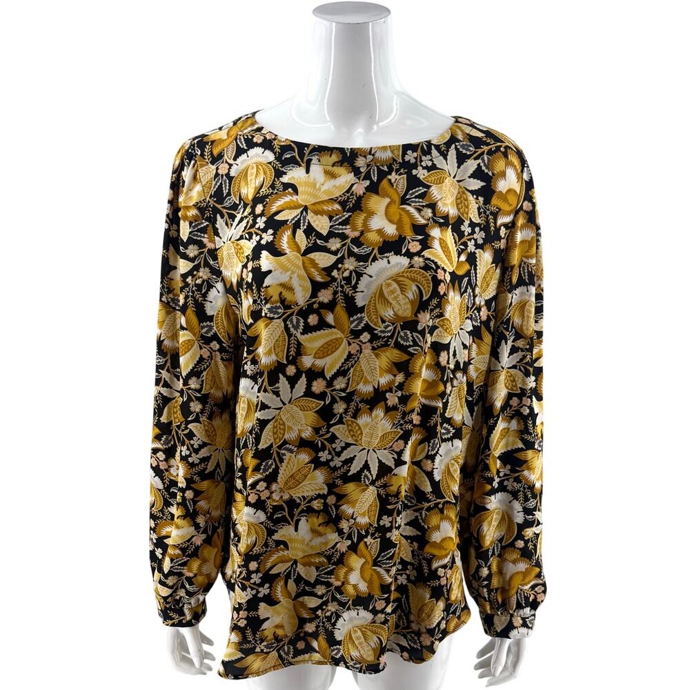 Ann Taylor LOFT Womens Top Size XL Black Gold Floral Puff Shoulder Blouse